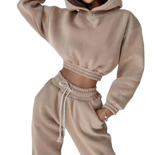 High Quality 100% Cotton Women's 2-Piece Jogging Sportswear Solid Color Pullover Hoodie Oversized Short Custom Logo 3D Pattern